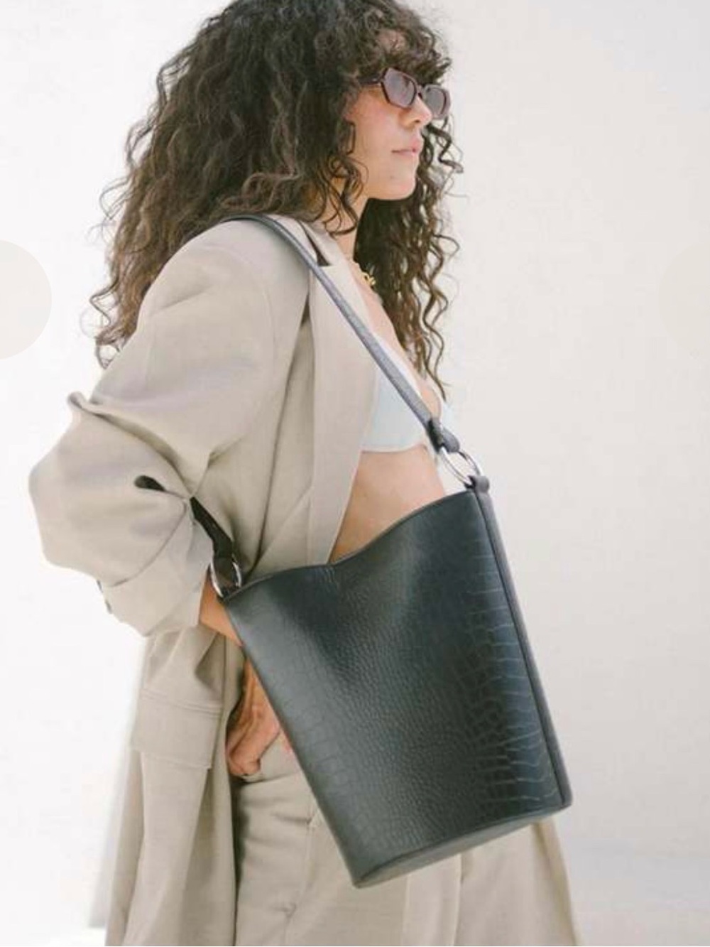 Hyer Goods New York Upcycled Leather Bucket Shoulder Bag Black Embossed Croc